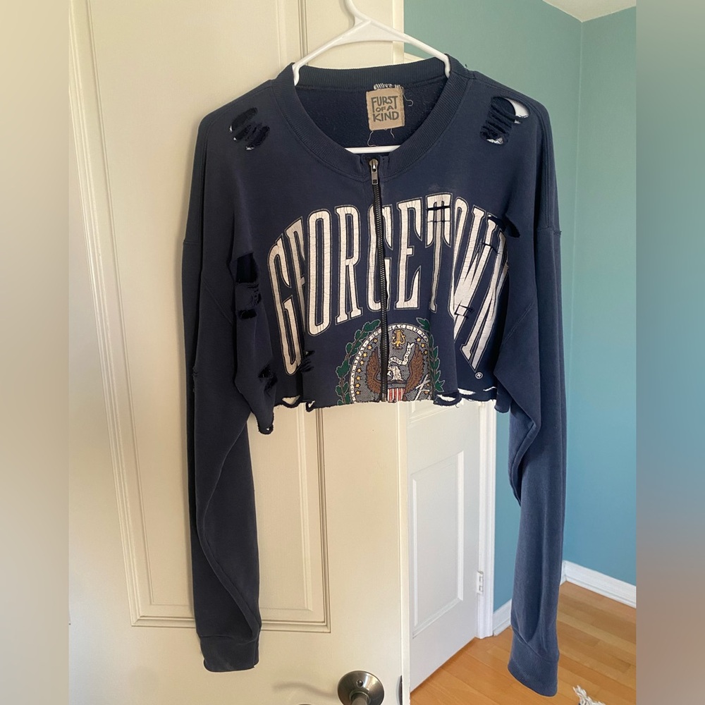 LF Furst of a Kind Georgetown Hoyas Navy Distressed Cropped Sweatshirt